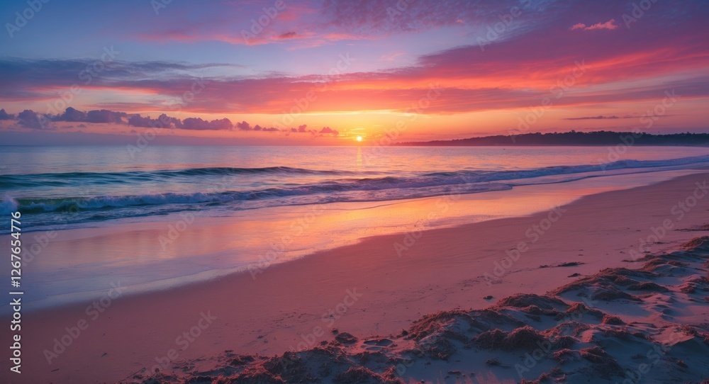 Fototapeta premium Serene Coastal Sunrise with Vibrant Colors Reflecting on Sandy Shore and Gentle Waves