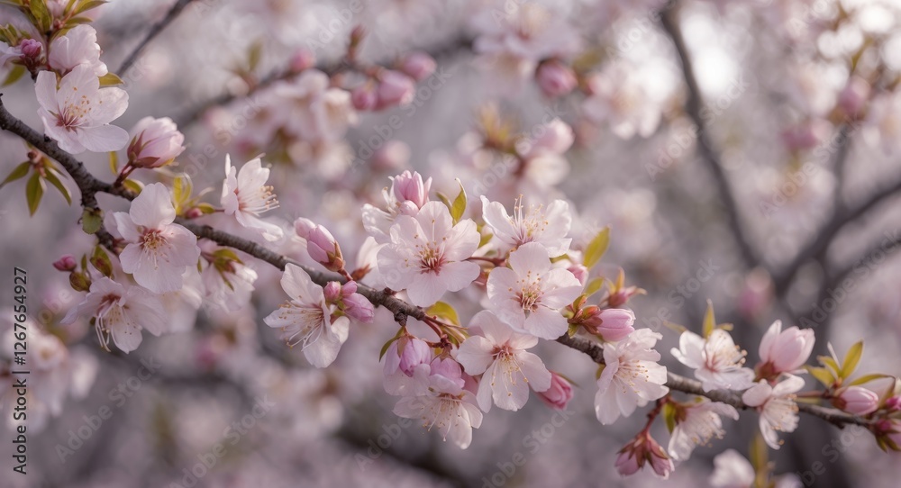 Delicate Cherry Blossom Branch with Soft Pink Flowers and Blurred Background Ideal for Spring Themes and Text Overlay Delicate Cherry Blossom Branch with Soft Pink Flowers and Blurred Background Ideal for Spring Themes and Text Overlay