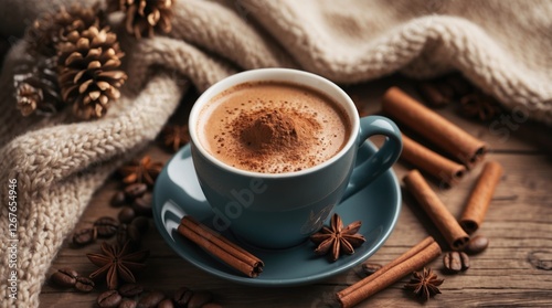 Cozy coffee cup with cinnamon and blanket on wooden table creating a warm inviting atmosphere for autumn or winter seasons photo