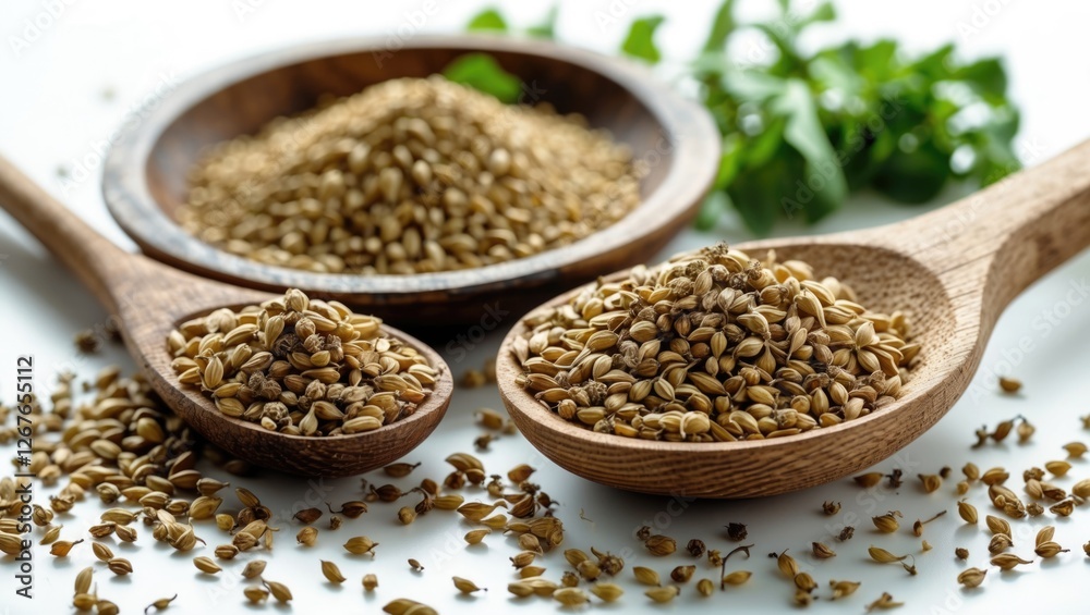 Dried coriander seeds in wooden spoons and bowl surrounded by fresh herbs on a white background for culinary or herbal themes Dried coriander seeds in wooden spoons and bowl surrounded by fresh herbs on a white background for culinary or herbal themes