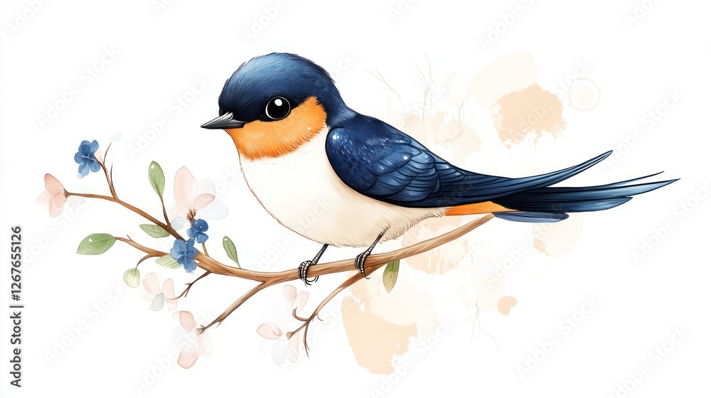 Fototapeta premium A swallow bird sits on a branch adorned with small flowers, showcasing its vibrant blue and orange plumage while enjoying the warmth of springtime