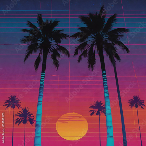 Retro 80s Neon Sunset with Palm Trees and Futuristic Grid – Vaporwave Aesthetic Illustration photo