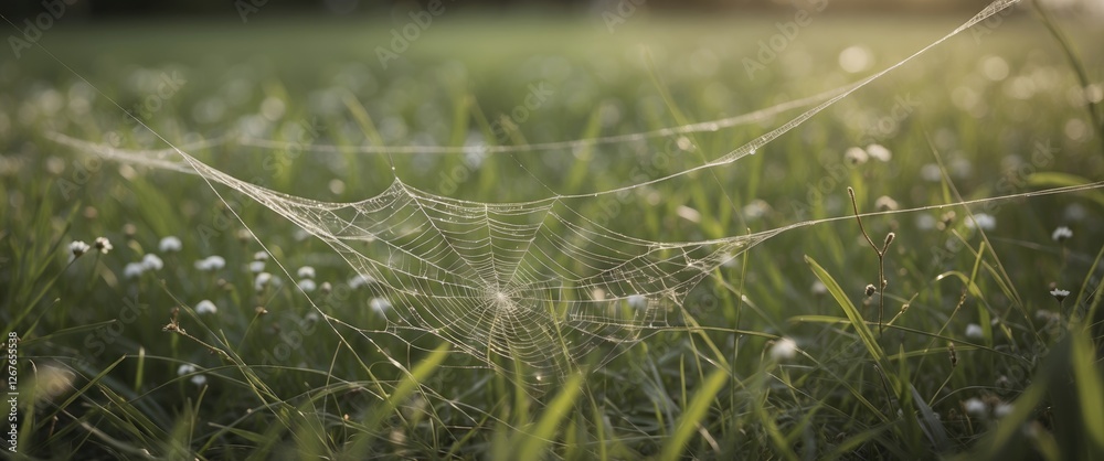 Intricate Cobwebs Glimmering In Sunlit Grass During Summer Showcasing Nature's Beauty and Serenity in a Lush Green Landscape Intricate Cobwebs Glimmering In Sunlit Grass During Summer Showcasing Nature's Beauty and Serenity in a Lush Green Landscape