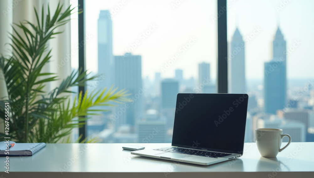 desktop with laptop in a skyscraper office desktop with laptop in a skyscraper office