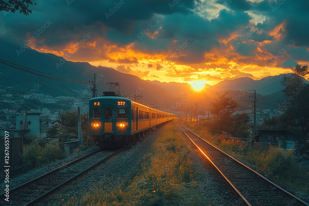 Fototapeta premium Train journey amidst mountains and sunset paints the sky with fire