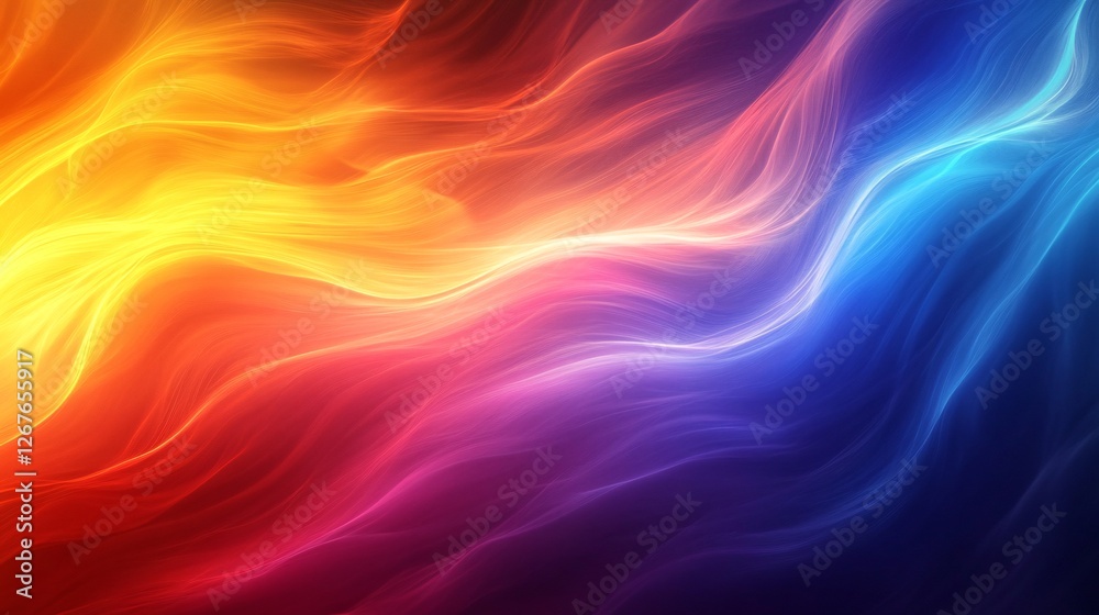 Obraz premium A vibrant abstract design featuring flowing waves of color transitions from warm yellows and oranges to cool blues and purples.