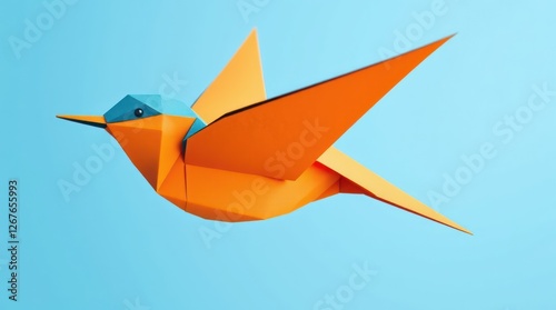 This swallow bird, crafted from vibrant paper, soars gracefully in mid-air, capturing the essence of spring and freedom with its striking colors