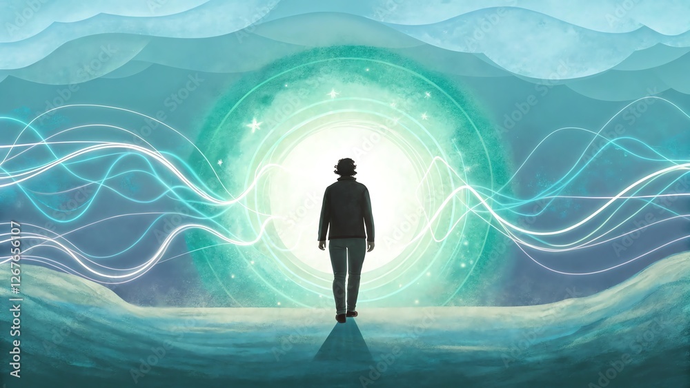 Silhouette of a person walking into a glowing portal amidst swirling energy waves.