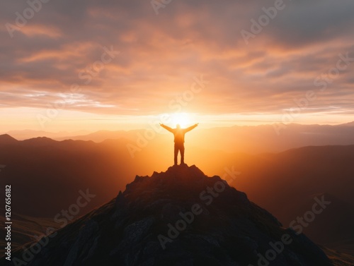 person on mountain top with arms outstretched at sunset