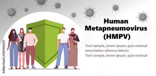 Human metapneumovirus (HMPV). Protection banner with shield and bacteria. Virus attacking immune safety bubble. Strong immunity protecting against viruses. Vaccination concept. Vector Not AI generated
