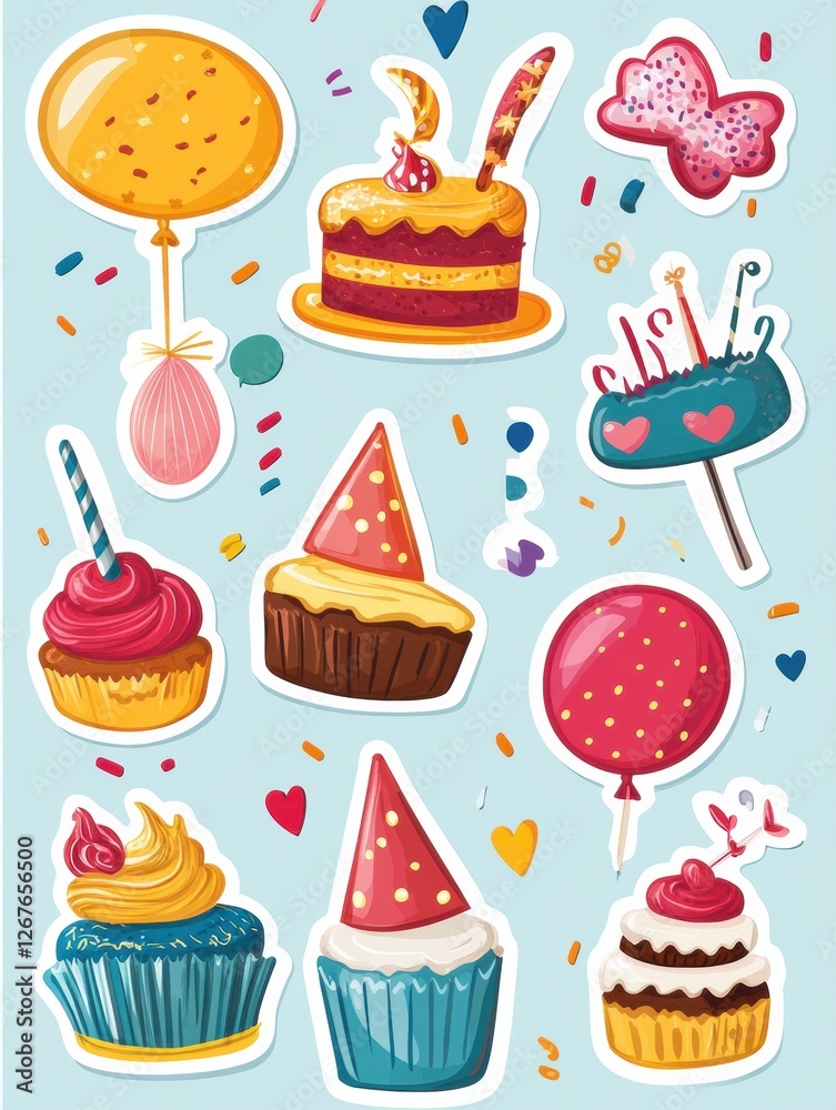 Festive stickers featuring colorful balloons, party hats, and delicious cakes for celebrations and parties. Generative AI Festive stickers featuring colorful balloons, party hats, and delicious cakes for celebrations and parties. Generative AI