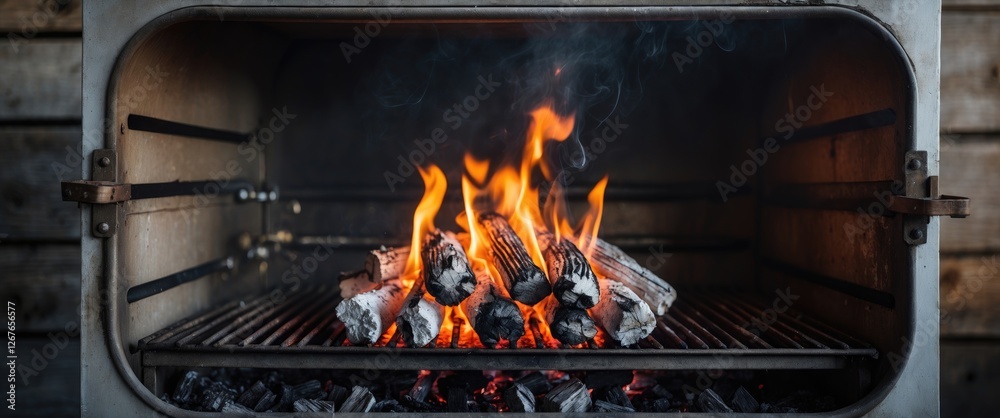 Charming Grill with Burning Charcoal and Vibrant Flames Perfect for Outdoor Cooking Scenes with Space for Text Overlay Charming Grill with Burning Charcoal and Vibrant Flames Perfect for Outdoor Cooking Scenes with Space for Text Overlay