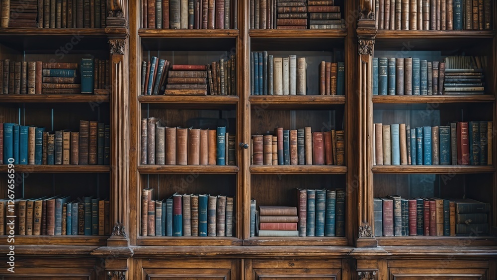 A wooden bookshelf filled with an array of vintage books, showcasing a variety of colors and sizes, in a cozy setting A wooden bookshelf filled with an array of vintage books, showcasing a variety of colors and sizes, in a cozy setting