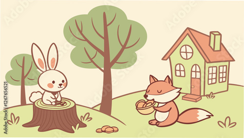 A clever little fox and a curious rabbit are comfortably sitting together on a mossy tree stump in the enchanting woods, enjoying natures beauty