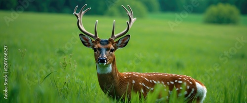 Majestic deer standing in a lush green grass field with ample space for adding text or branding elements in a natural setting. photo