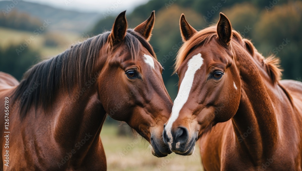 Intimate Portrait of Two Horses in Natural Setting Emphasizing Connection and Bonding in a Serene Countryside Background Intimate Portrait of Two Horses in Natural Setting Emphasizing Connection and Bonding in a Serene Countryside Background