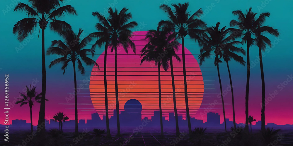 Obraz premium Retro 80s Neon Sunset with Palm Trees and Futuristic Grid – Vaporwave Aesthetic Illustration