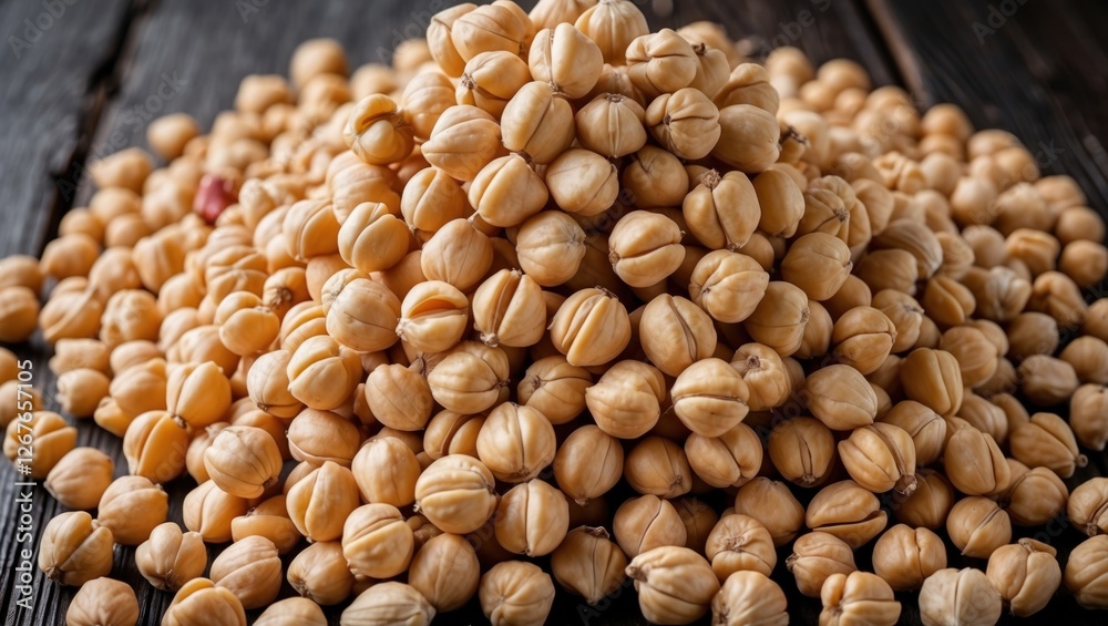 Close-up of a large pile of raw chickpeas on a dark wooden background showcasing their textured surface and natural colors for food photography. Close-up of a large pile of raw chickpeas on a dark wooden background showcasing their textured surface and natural colors for food photography.