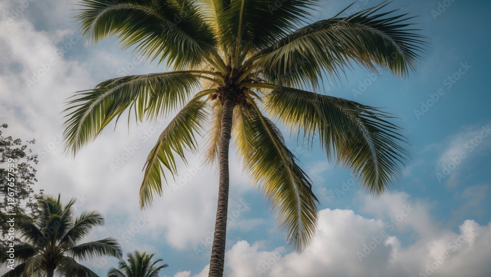 Obraz premium Coconut palm tree under a blue sky with fluffy clouds offering ample space for text or design elements in a tropical setting.