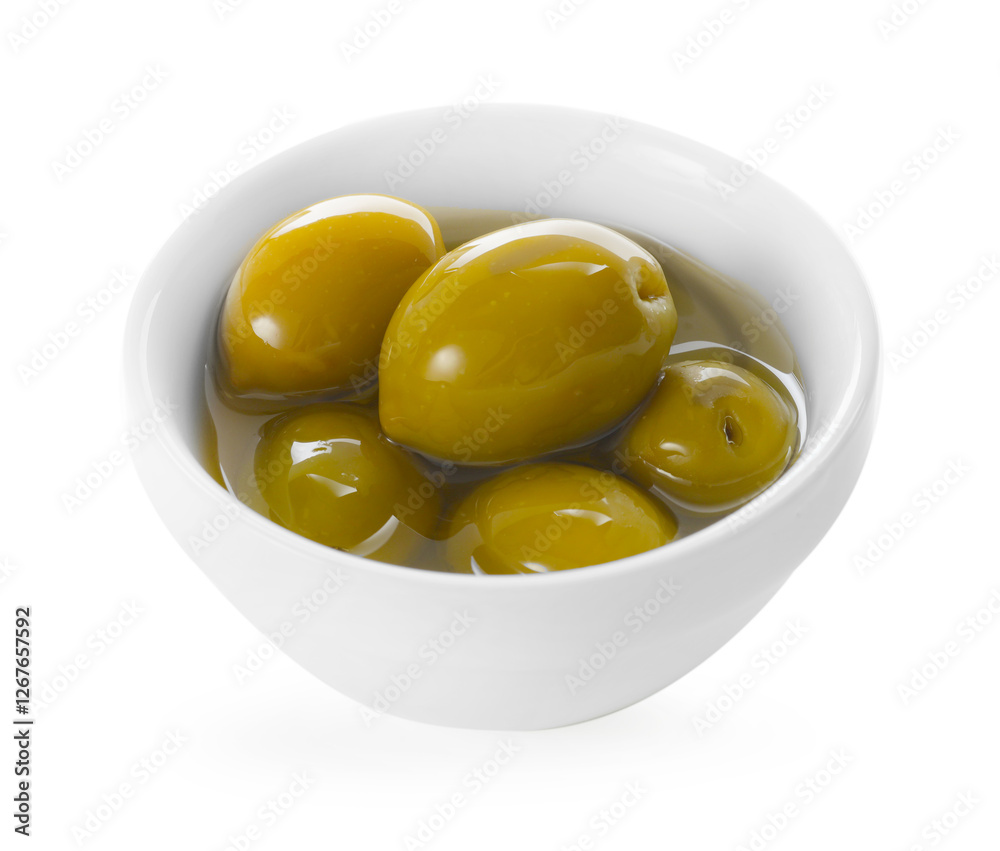 Delicious marinated green olives in bowl isolated on white Delicious marinated green olives in bowl isolated on white