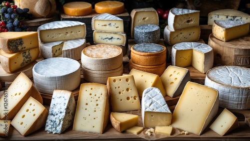 Artisan Cheese Selection Displayed on a Wooden Board with Various Textures and Flavors Ideal for Culinary and Gourmet Advertisements photo