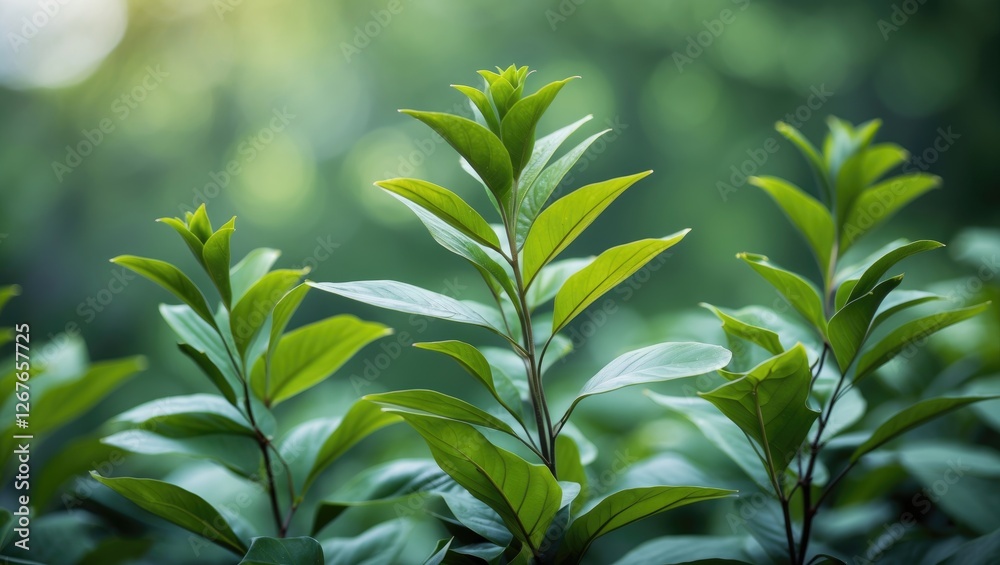 Obraz premium Lush Green Leaves in Close-Up with Softly Blurred Background Highlighting Natural Serenity and Vibrant Vegetation in Nature Scene