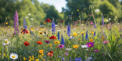 Vibrant Meadow of Wildflowers in Bloom Under Bright Sunshine with Open Space for Text Overlay photo