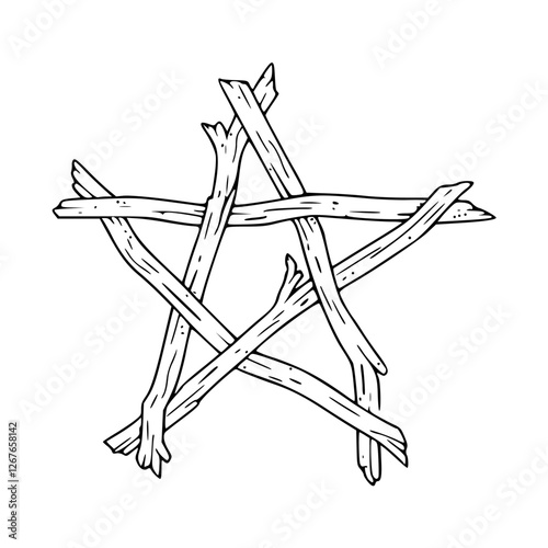 a black and white drawing of a wooden pentagram vector : rustic and natural symbol