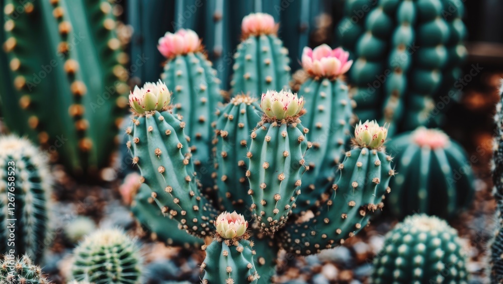 Fototapeta premium Vibrant Close Up of Cactus Plants with Blooming Flowers on Green Background Ideal for Nature and Gardening Themes