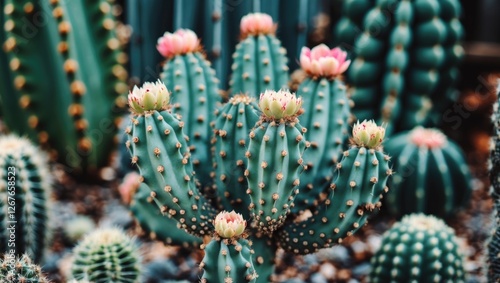 Vibrant Close Up of Cactus Plants with Blooming Flowers on Green Background Ideal for Nature and Gardening Themes photo