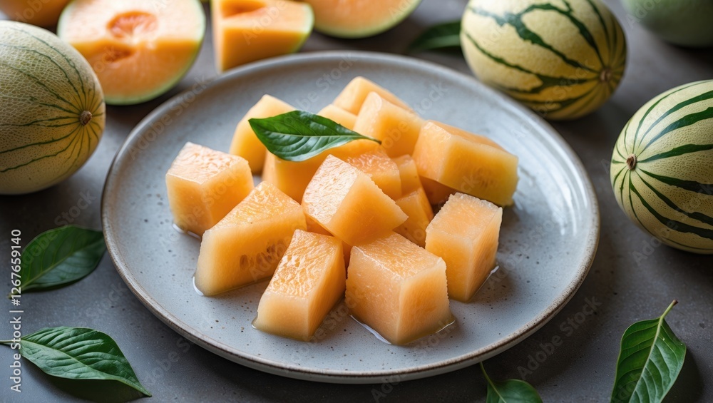 Freshly Cut Ripe Melon Chunks on a Plate Surrounded by Whole Melons and Green Leaves with Space for Text Copy Freshly Cut Ripe Melon Chunks on a Plate Surrounded by Whole Melons and Green Leaves with Space for Text Copy