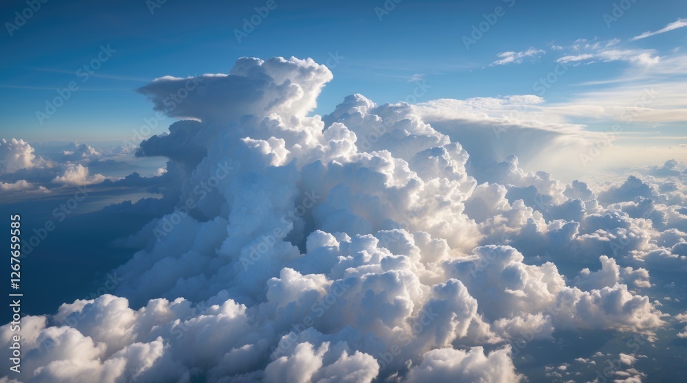 Majestic view of towering cumulus clouds forming in the sky as seen from an airplane during a clear day above the horizon. Majestic view of towering cumulus clouds forming in the sky as seen from an airplane during a clear day above the horizon.