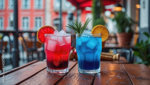 Colorful Cocktails on Wooden Table in CafÃ© with Empty Space for Text Featuring Red and Blue Drinks Garnished with Citrus and Ice photo