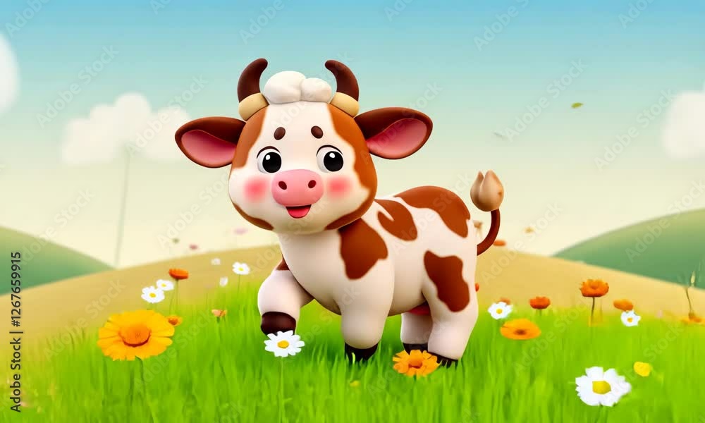 Playful Animated Cow with Charming Expression in Vibrant Flower-Filled Meadow Under Blue Sky Playful Animated Cow with Charming Expression in Vibrant Flower-Filled Meadow Under Blue Sky