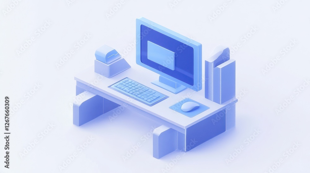 3D isometric office desk with computer, minimal style 3D isometric office desk with computer, minimal style
