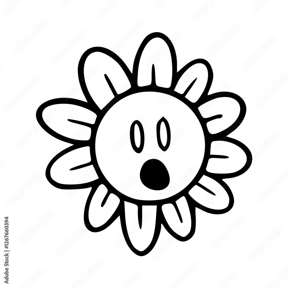 Obraz premium a black and white drawing of a cartoon daisy flower with face