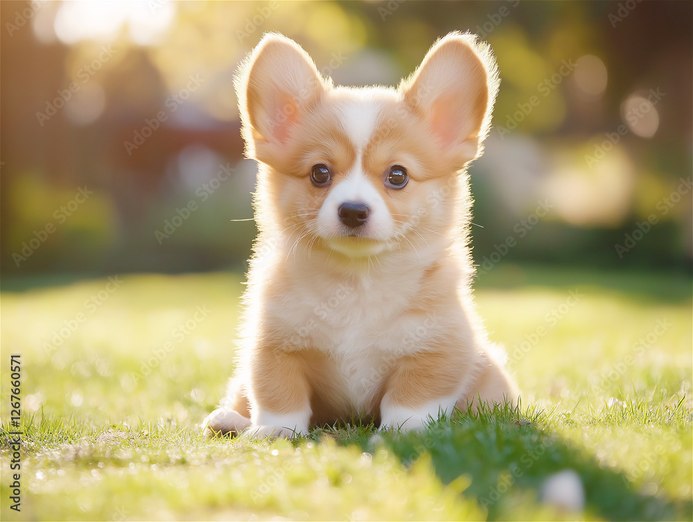 A corgi puppy with large ears sitting on a vibrant grass field, enjoying the fresh air. The golden lighting adds warmth and emphasizes its cheerful nature. A corgi puppy with large ears sitting on a vibrant grass field, enjoying the fresh air. The golden lighting adds warmth and emphasizes its cheerful nature.