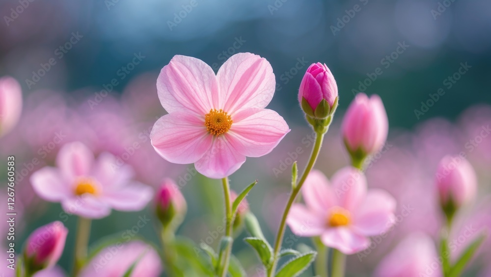 Delicate Pink Flowers in Bloom with Buds and Soft Focus Background Ideal for Text Placement and Nature Themed Designs Delicate Pink Flowers in Bloom with Buds and Soft Focus Background Ideal for Text Placement and Nature Themed Designs