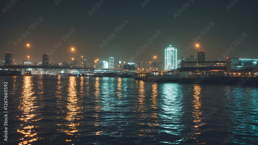 City Skyline Illuminated at Night with Reflections on Water Vintage Aesthetic City Skyline Illuminated at Night with Reflections on Water Vintage Aesthetic