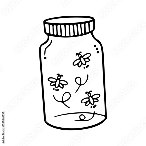 a black and white drawing of a fireflies in glass jar : magical summer night illustration