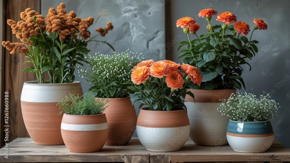 Colorful ceramic flower pots with vibrant flowers and greenery displayed decoratively on a wooden table in a cozy indoor setting. Colorful ceramic flower pots with vibrant flowers and greenery displayed decoratively on a wooden table in a cozy indoor setting.