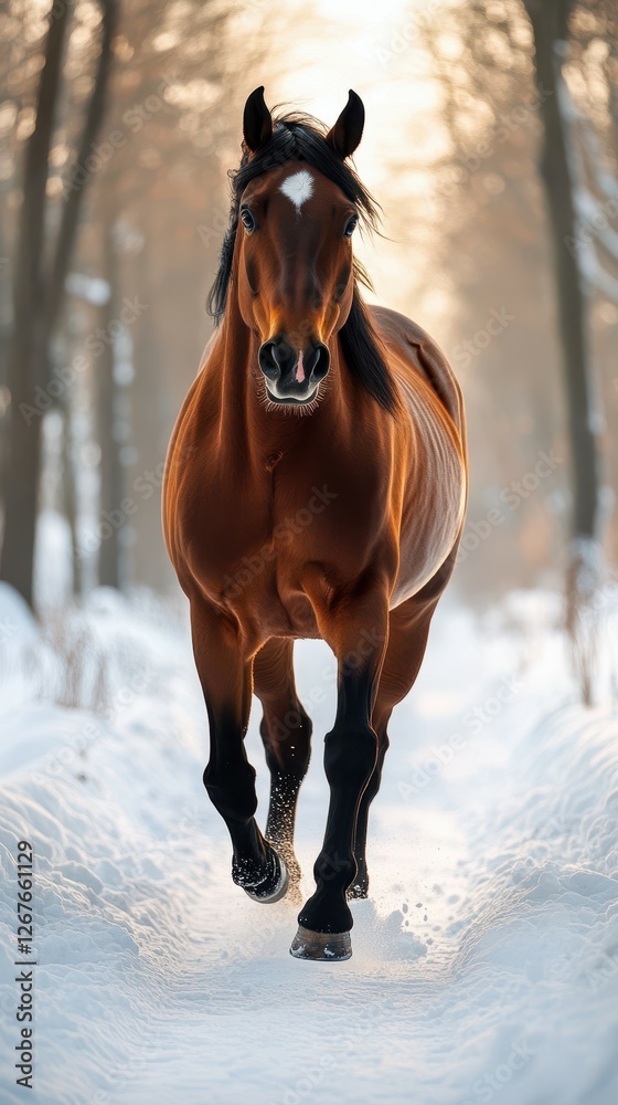Brown horse running energetically through snowy pathway surrounded by trees during winter morning light Brown horse running energetically through snowy pathway surrounded by trees during winter morning light