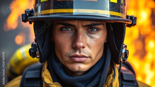 Intense portrait of a firefighter, capturing the essence of bravery and heroism