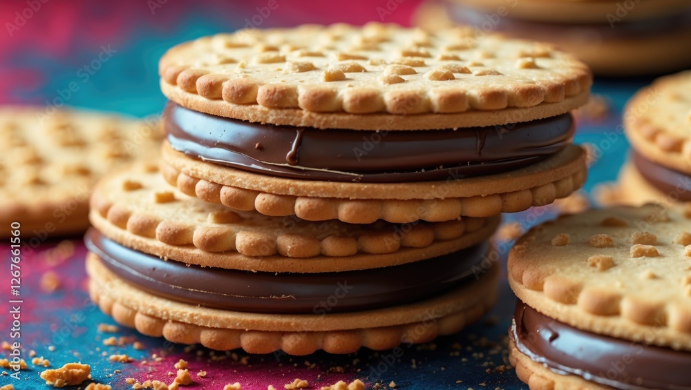 Close up of sandwich biscuits with chocolate filling showcasing texture and detail against a colorful background ideal for dessert themes.