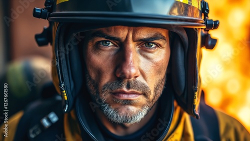 Intense portrait of a firefighter, capturing the essence of bravery and heroism
