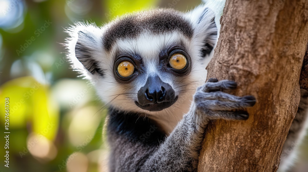 Fototapeta premium A close-up image of a lemur gazing directly at the camera, showcasing its expressive eyes and distinctive facial features.