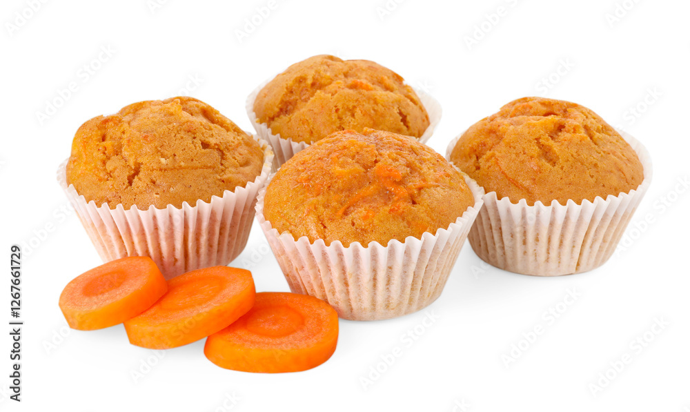 Tasty carrot muffins and cut vegetable isolated on white Tasty carrot muffins and cut vegetable isolated on white