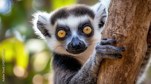A close-up image of a lemur gazing directly at the camera, showcasing its expressive eyes and distinctive facial features.