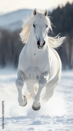 Majestic white horse gallops across snowy landscape under bright daylight in winter wonderland