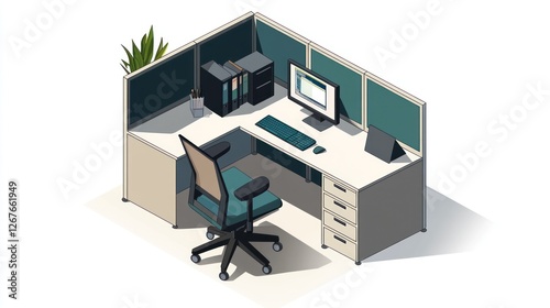 Isometric Office Workspace, corner desk, chair, computer, plant photo